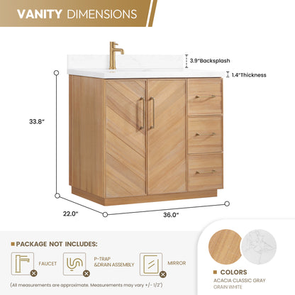Karachi 36" Single Sink Bath Vanity in Acacia Classic Gray with White Grain Composite Stone Top