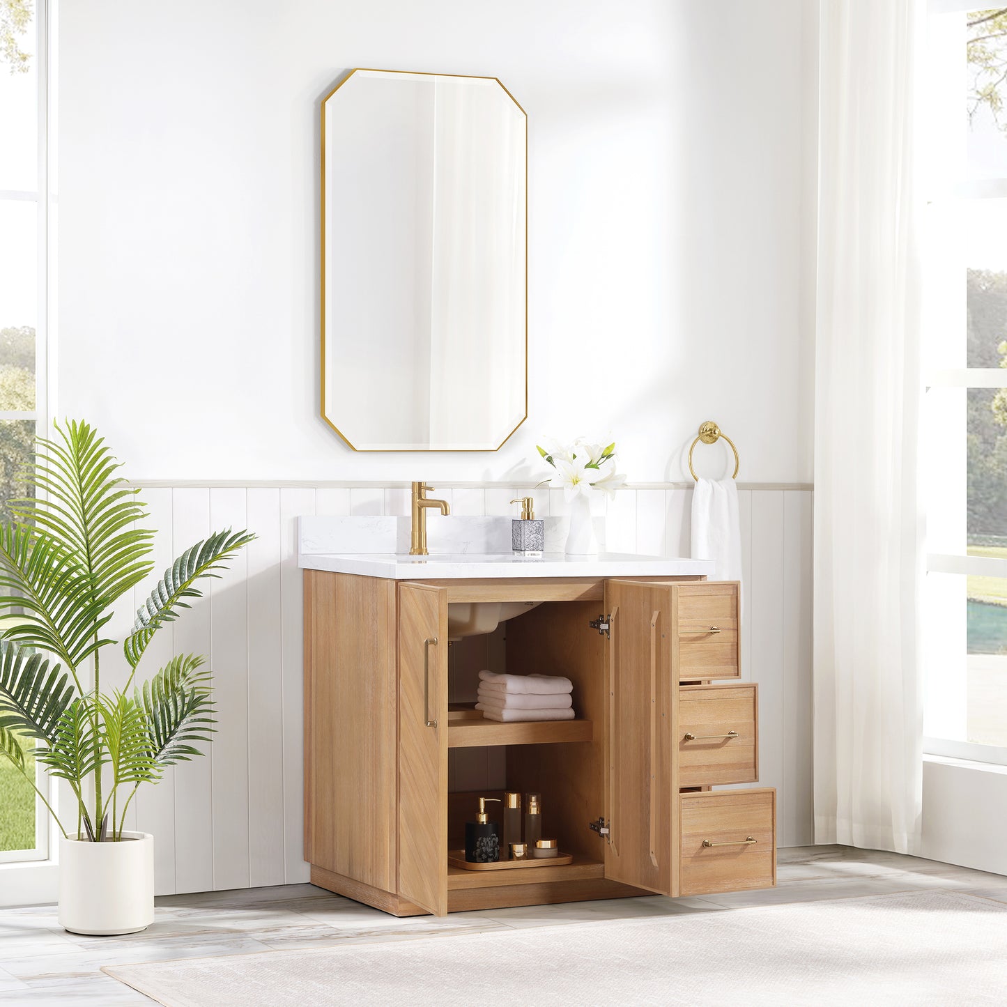 Karachi 36" Single Sink Bath Vanity in Acacia Classic Gray with White Grain Composite Stone Top