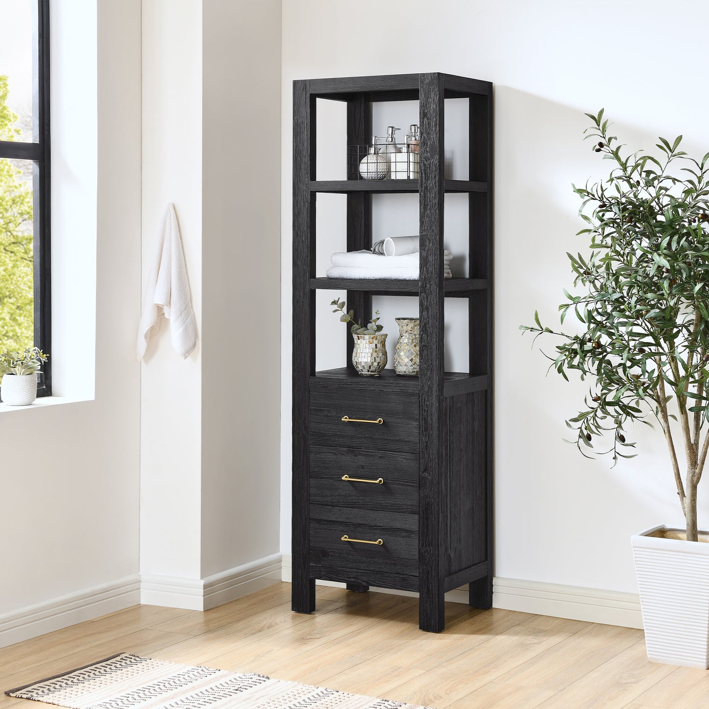León 22" Fir Wood Black Linen Storage Cabinet