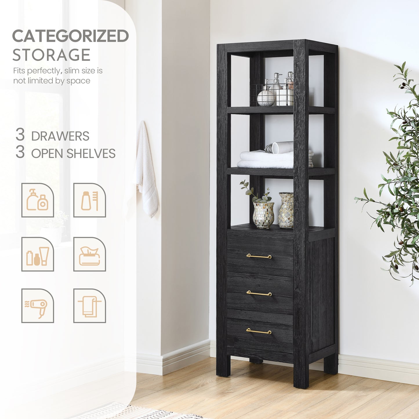 León 22" Fir Wood Black Linen Storage Cabinet