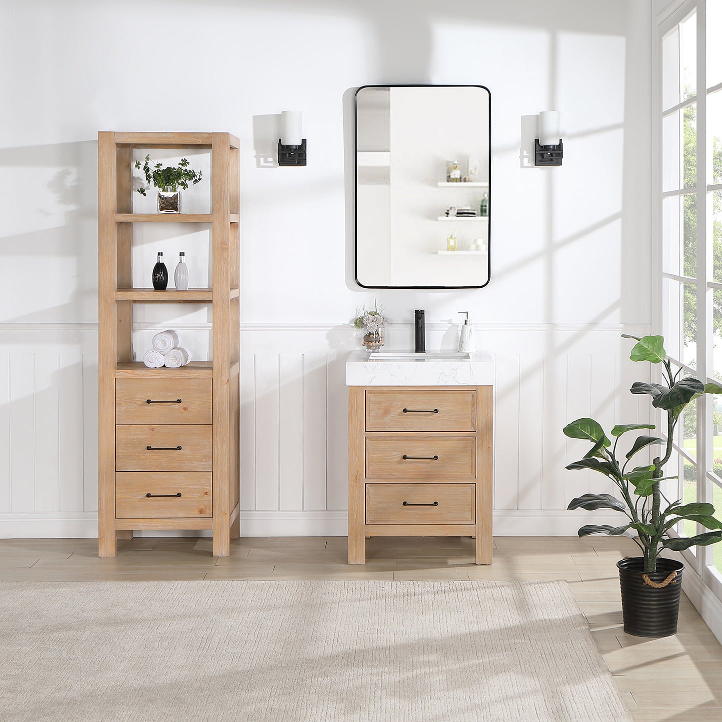 León 22" Fir Wood Brown Linen Storage Cabinet