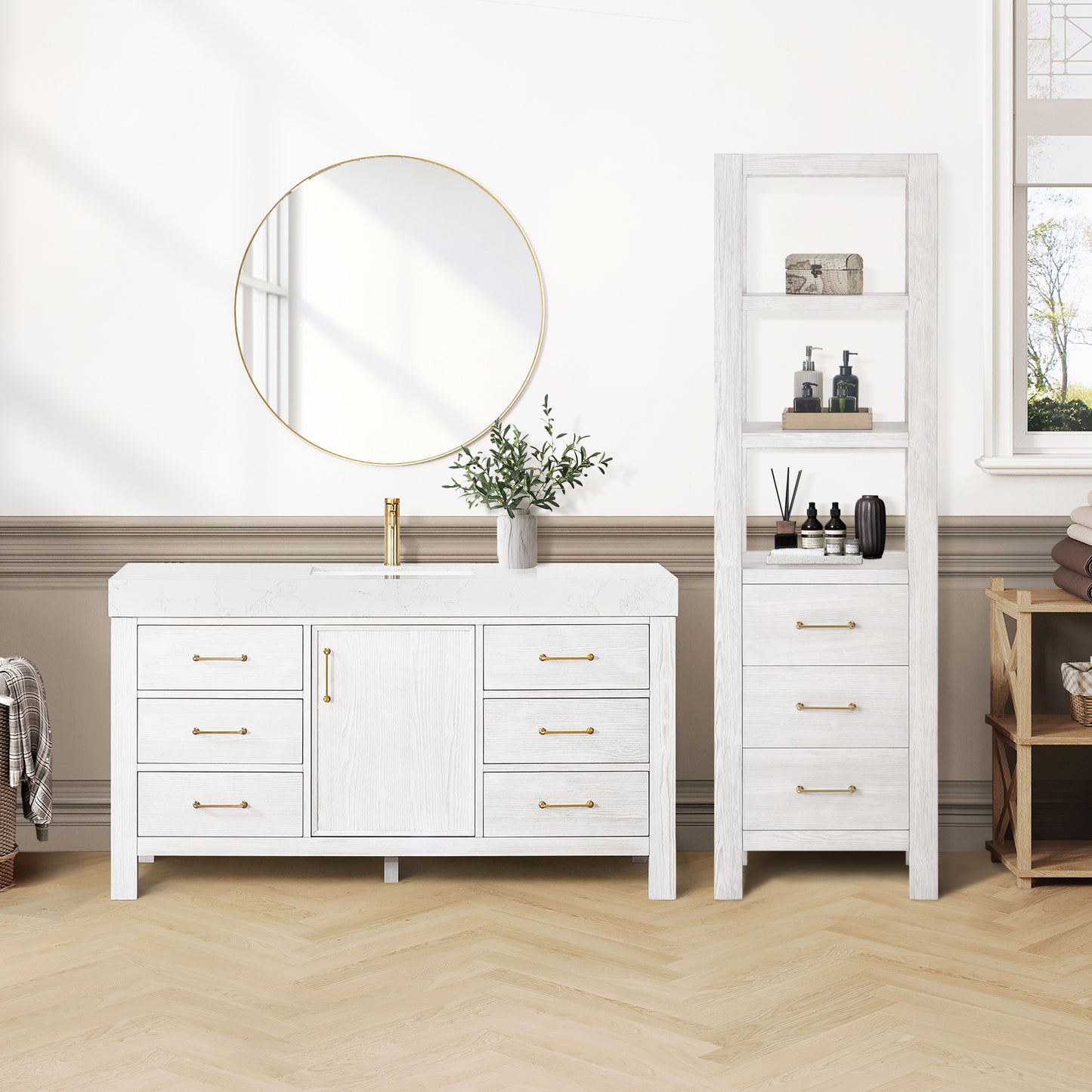 León 22" Washed White Linen Storage Cabinet