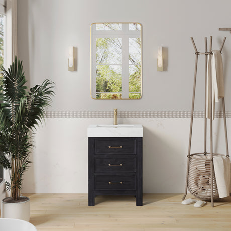Issac Edwards 24in. Free-standing Single Bathroom Vanity in Fir Wood Black with Composite top in Lightning White and Mirror