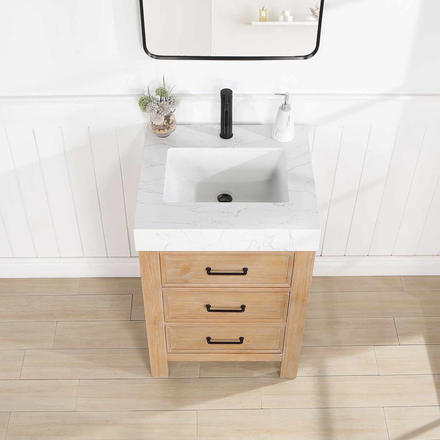 León 24in. Free-standing Single Bathroom Vanity in Fir Wood Brown with Composite top in Lightning White
