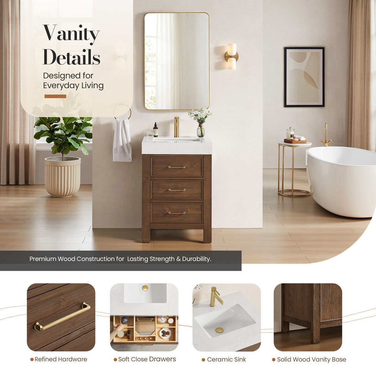 León 24" Free-standing Single Bathroom Vanity in Spruce Aged Brown with Mirror