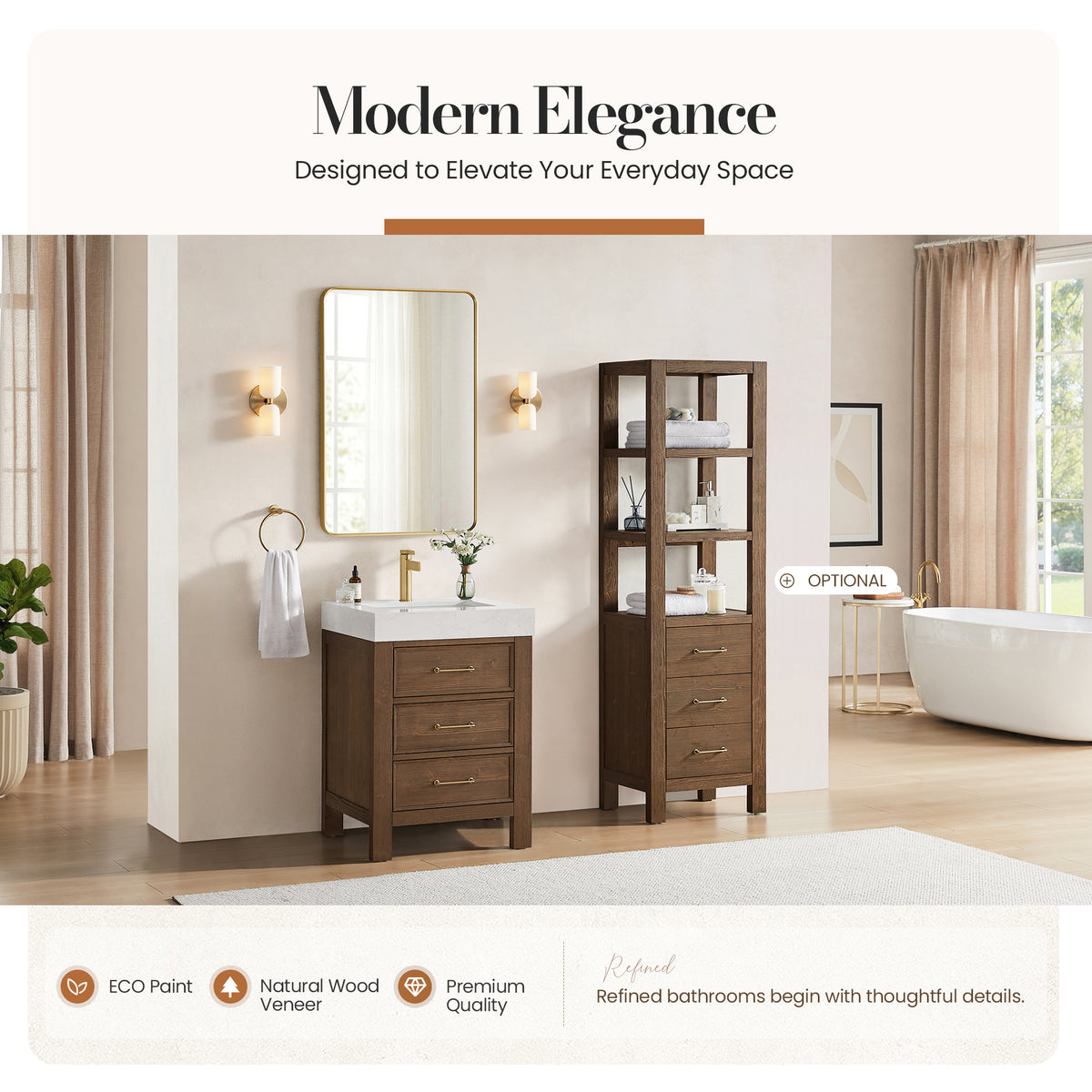 León 24" Free-standing Single Bathroom Vanity in Spruce Aged Brown with Mirror