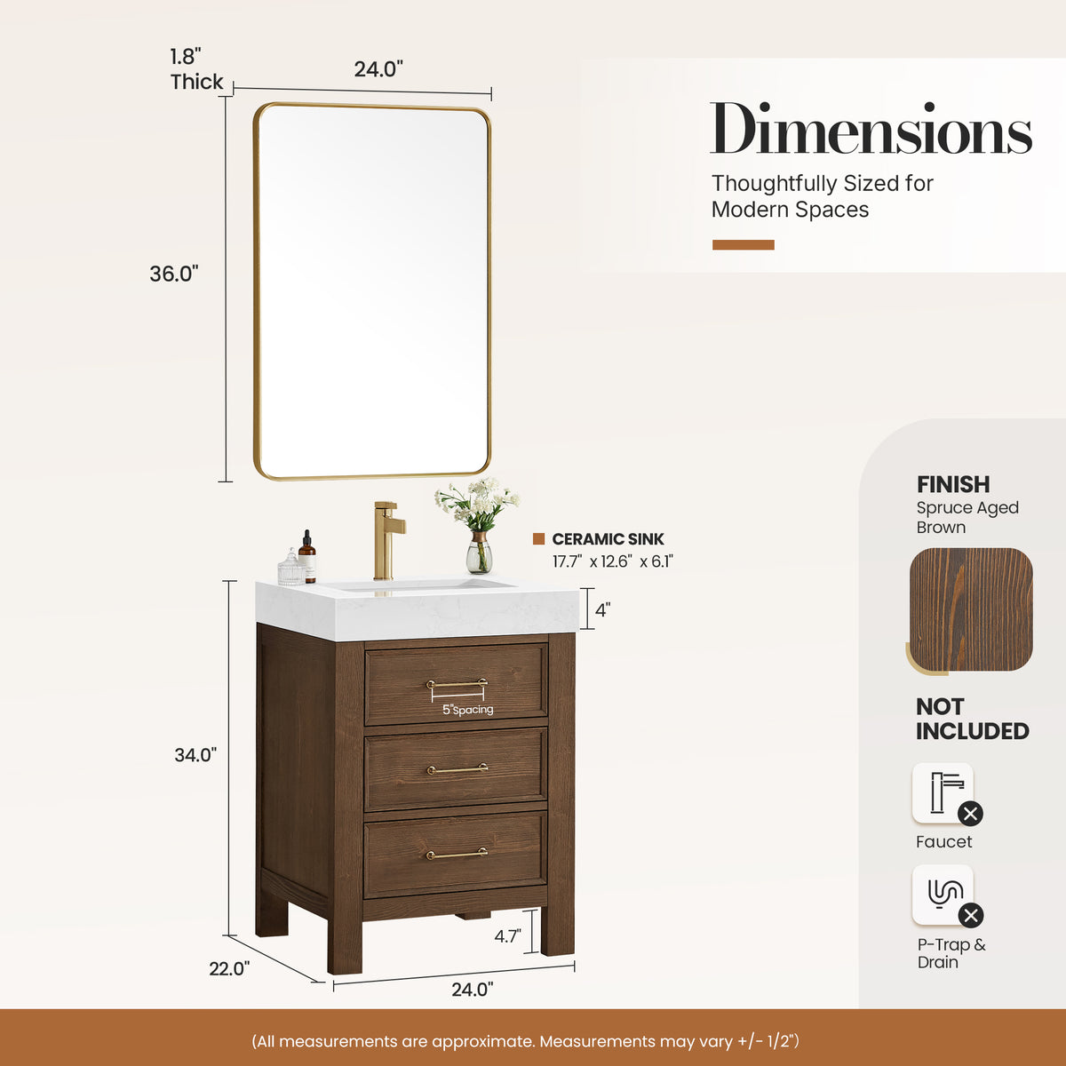 León 24" Free-standing Single Bathroom Vanity in Spruce Aged Brown with Mirror