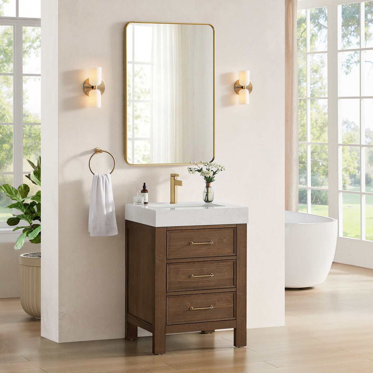 León 24" Free-standing Single Bathroom Vanity in Spruce Aged Brown with Mirror