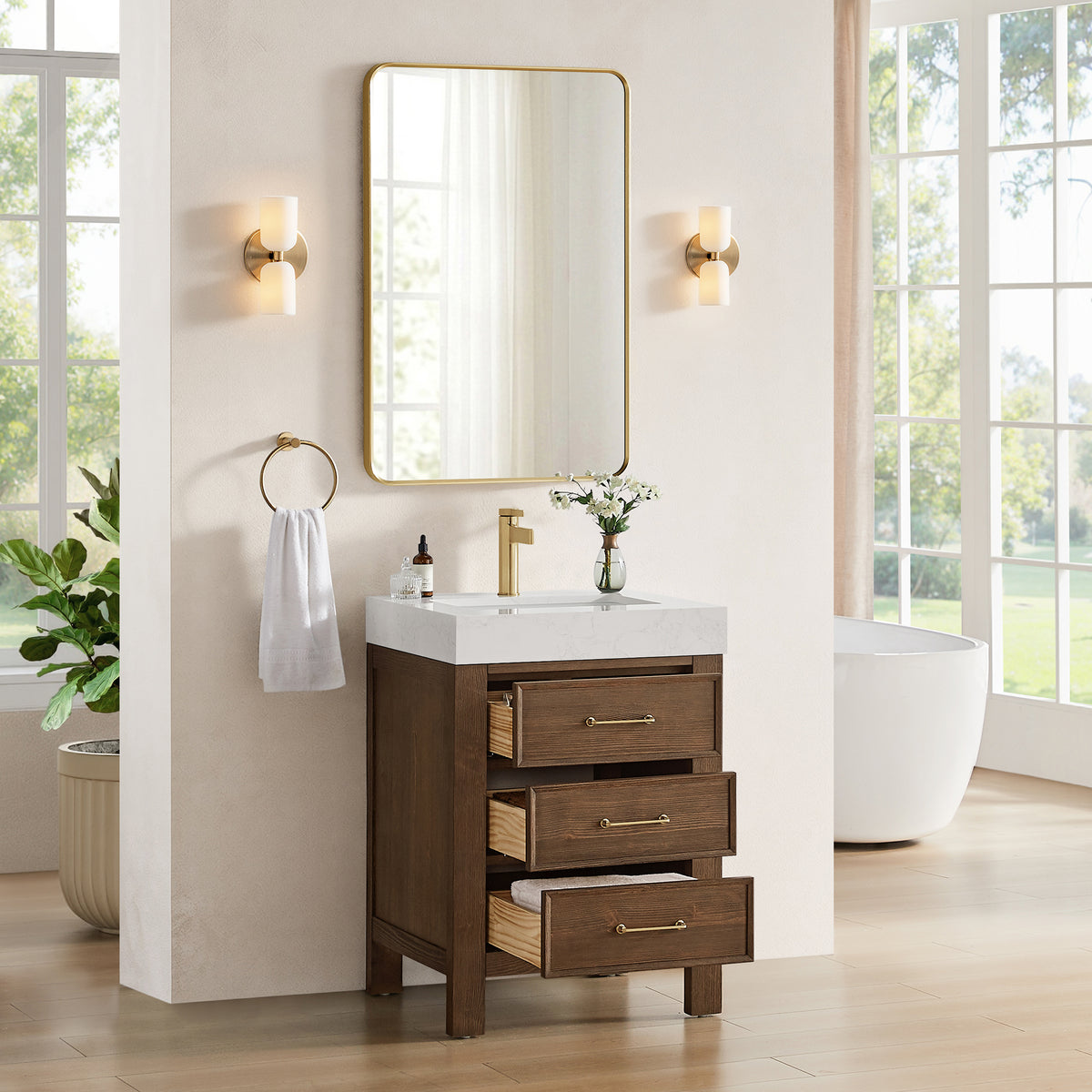 León 24" Free-standing Single Bathroom Vanity in Spruce Aged Brown with Mirror
