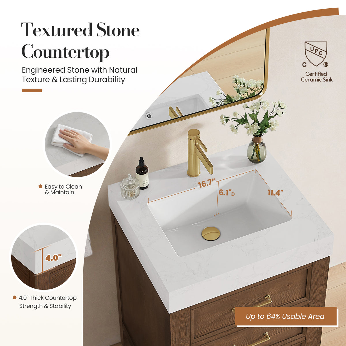 León 24" Free-standing Single Bathroom Vanity in Spruce Aged Brown with Mirror