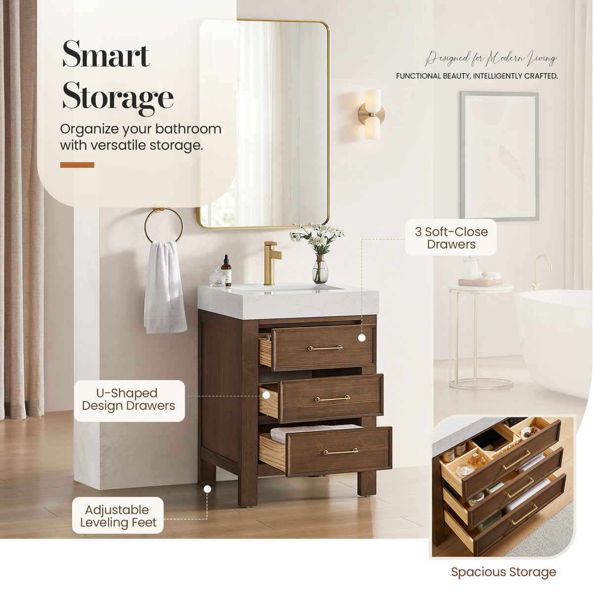 León 24" Free-standing Single Bathroom Vanity in Spruce Aged Brown with Mirror