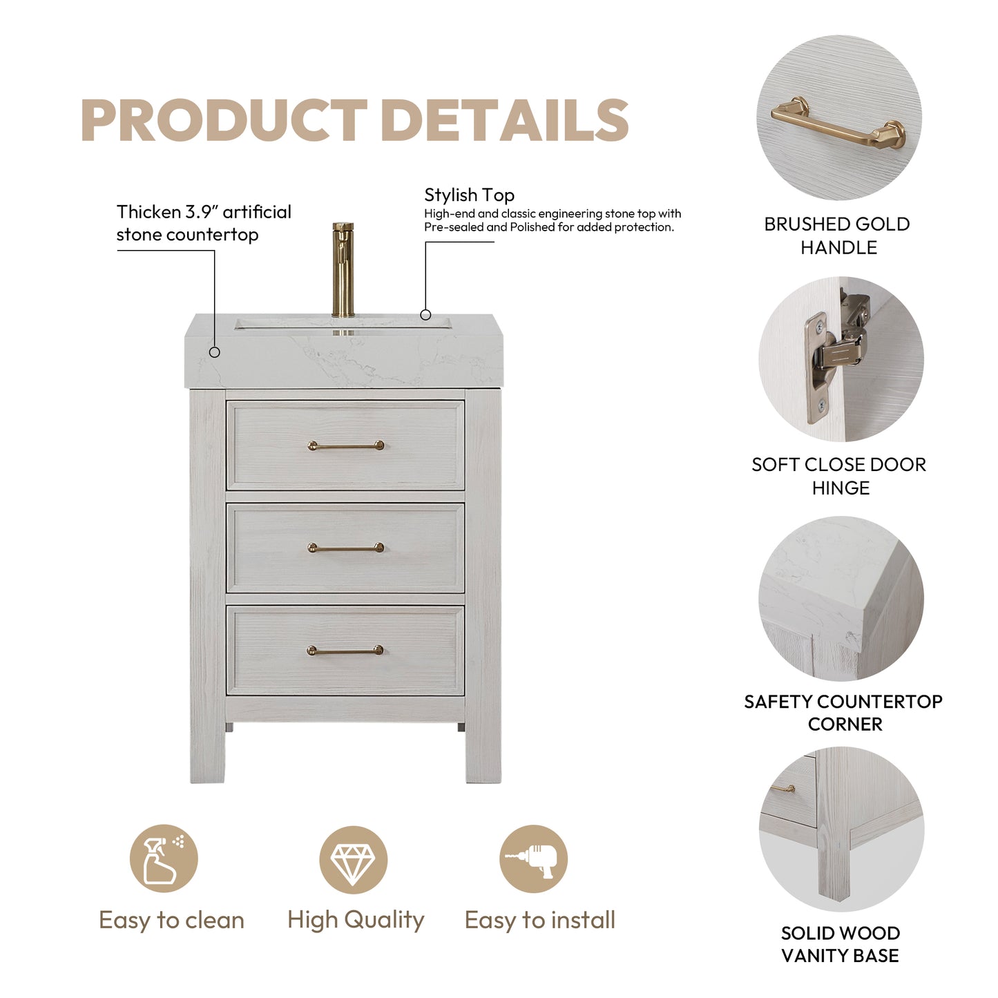León 24" Free-standing Single Bathroom Vanity in Washed White