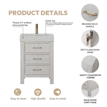 León 24" Free-standing Single Bathroom Vanity in Washed White