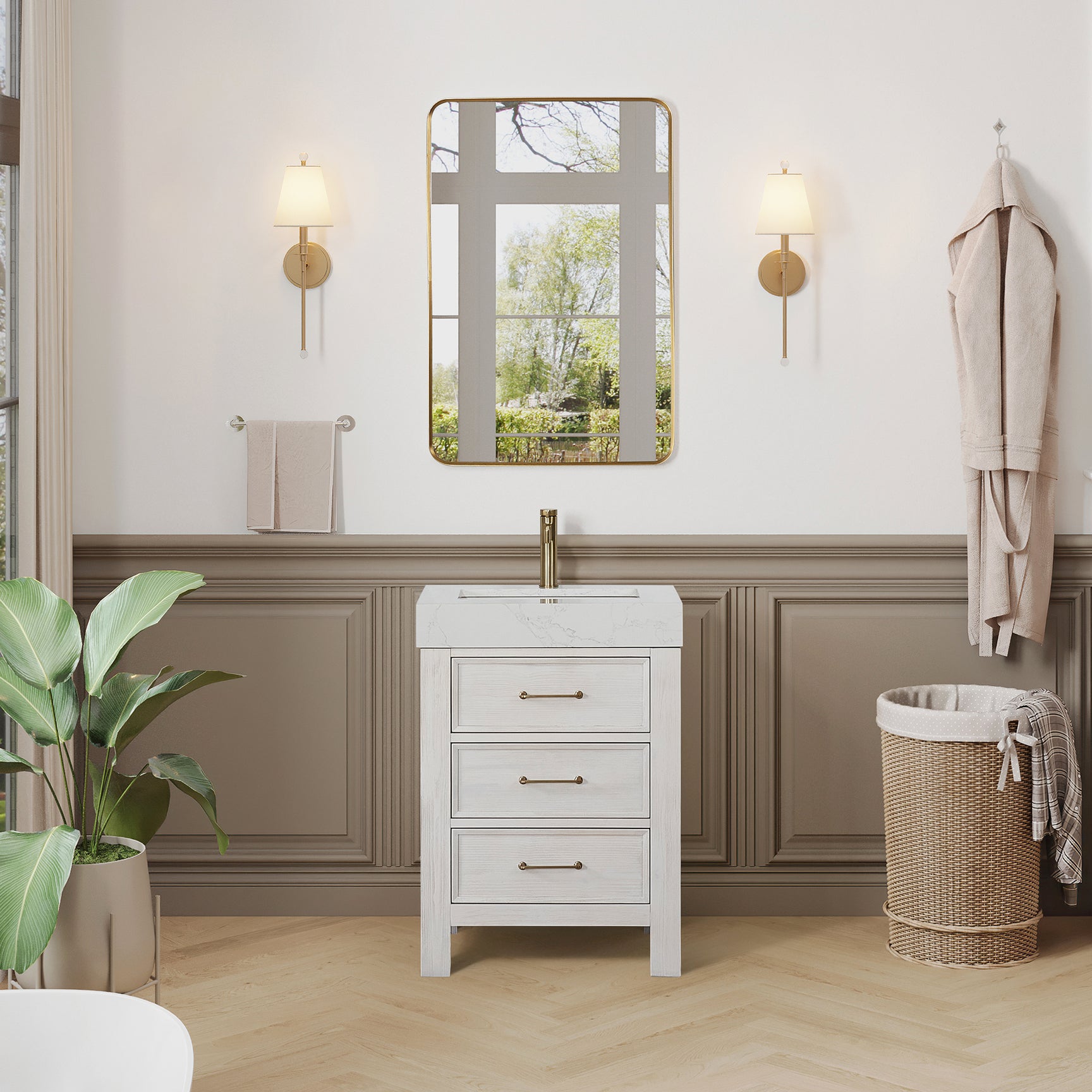 Issac Edwards 24in. Free-standing Single Bathroom Vanity in Washed White with Composite top in Lightning White and Mirror