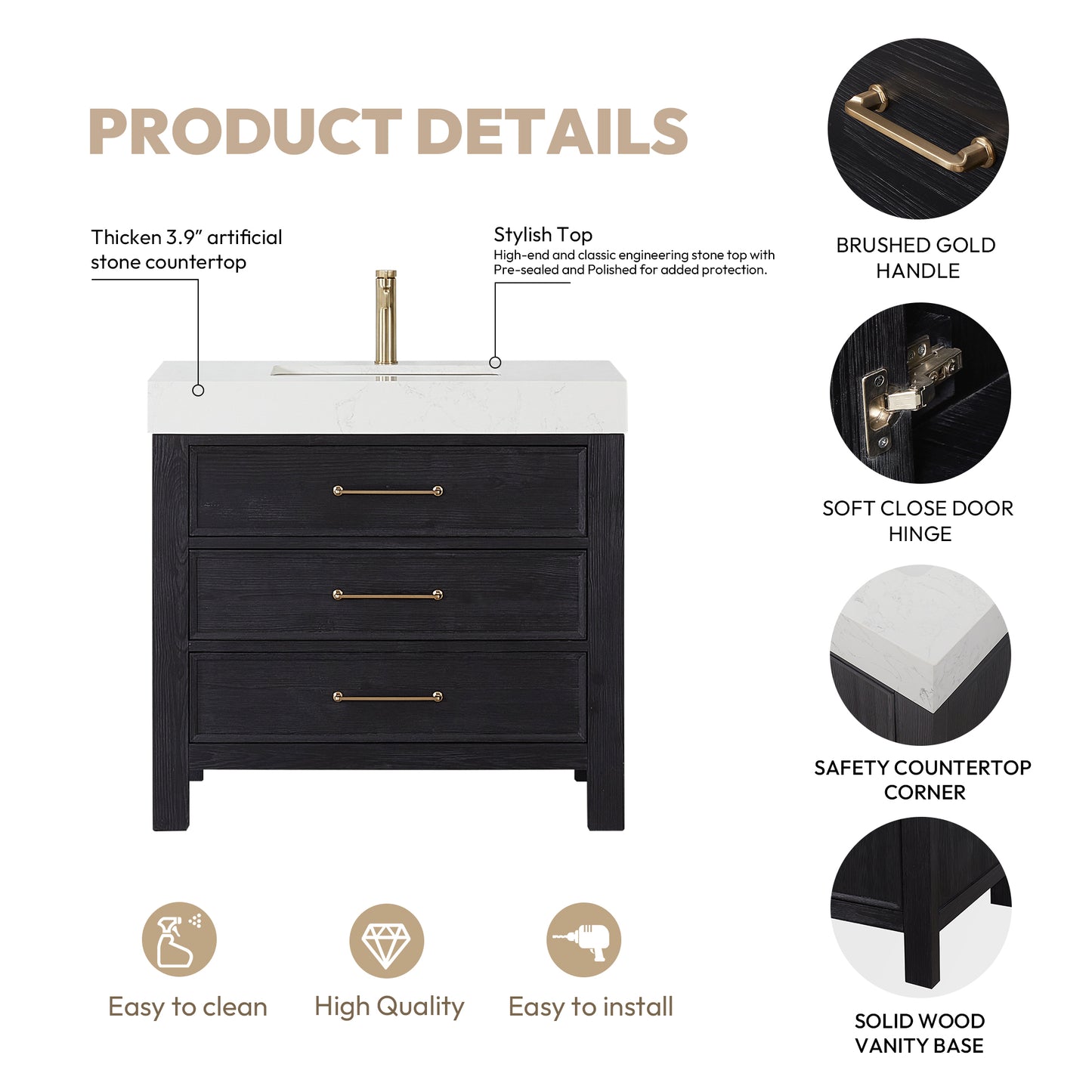 León 36" Free-standing Single Bathroom Vanity in Fir Wood Black
