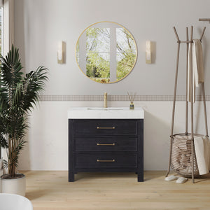 Open image in slideshow, León 36in. Free-standing Single Bathroom Vanity in Fir Wood Black with Composite top in Lightning White
