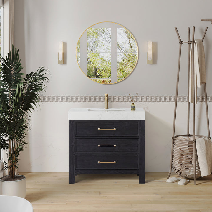 Issac Edwards 36in. Free-standing Single Bathroom Vanity in Fir Wood Black with Composite top in Lightning White and Mirror