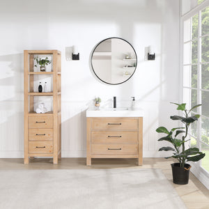 Open image in slideshow, León 36in. Free-standing Single Bathroom Vanity in Fir Wood Brown with Composite top in Lightning White
