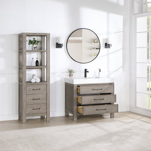 León 36in. Free-standing Single Bathroom Vanity in Fir Wood Grey with Composite top in Lightning White