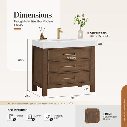 León 36" Free-standing Single Bathroom Vanity in Spruce Aged Brown