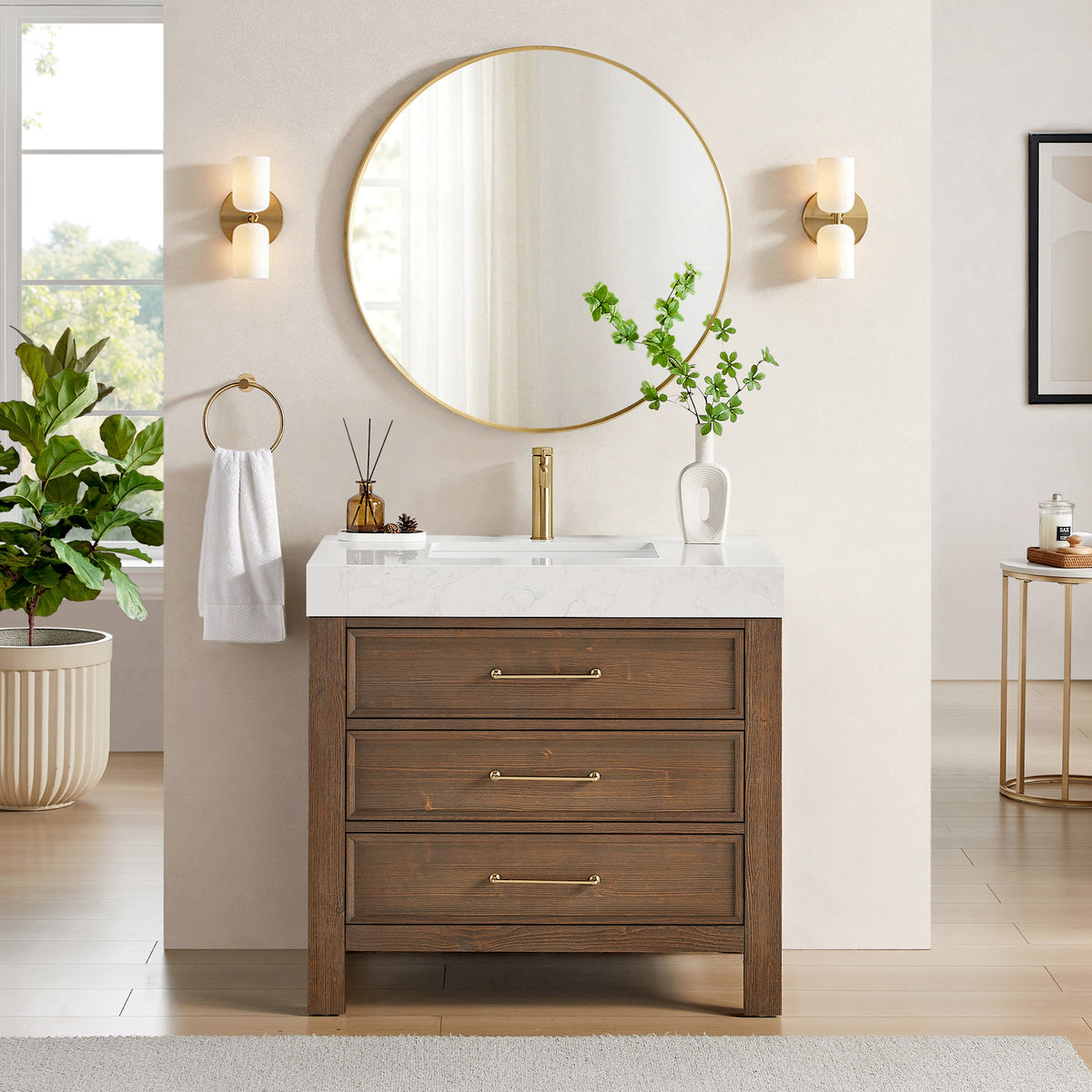 León 36" Free-standing Single Bathroom Vanity in Spruce Aged Brown with Mirror