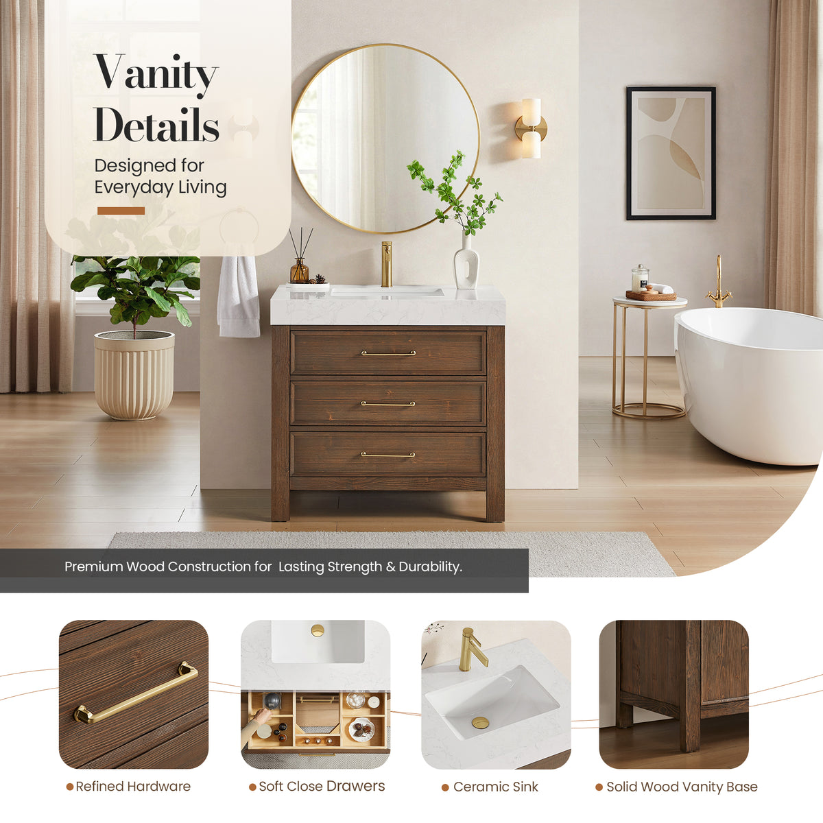 León 36" Free-standing Single Bathroom Vanity in Spruce Aged Brown with Mirror