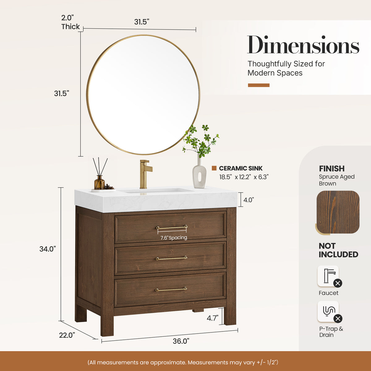 León 36" Free-standing Single Bathroom Vanity in Spruce Aged Brown with Mirror
