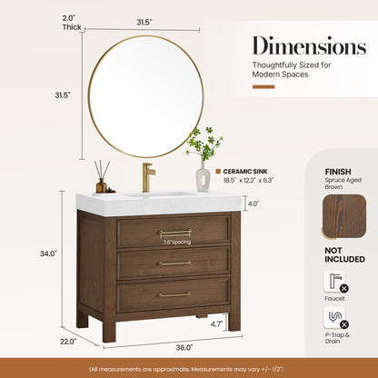 León 36" Free-standing Single Bathroom Vanity in Spruce Aged Brown with Mirror