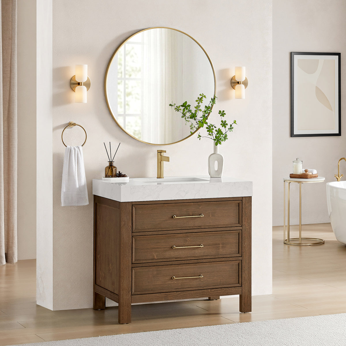 León 36" Free-standing Single Bathroom Vanity in Spruce Aged Brown with Mirror