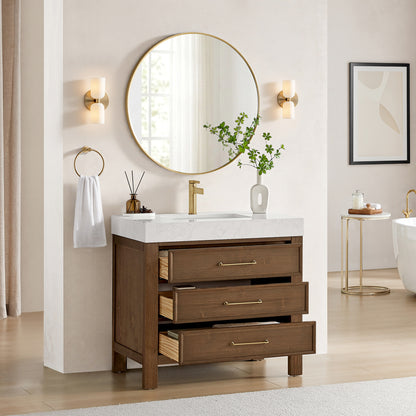 León 36" Free-standing Single Bathroom Vanity in Spruce Aged Brown with Mirror