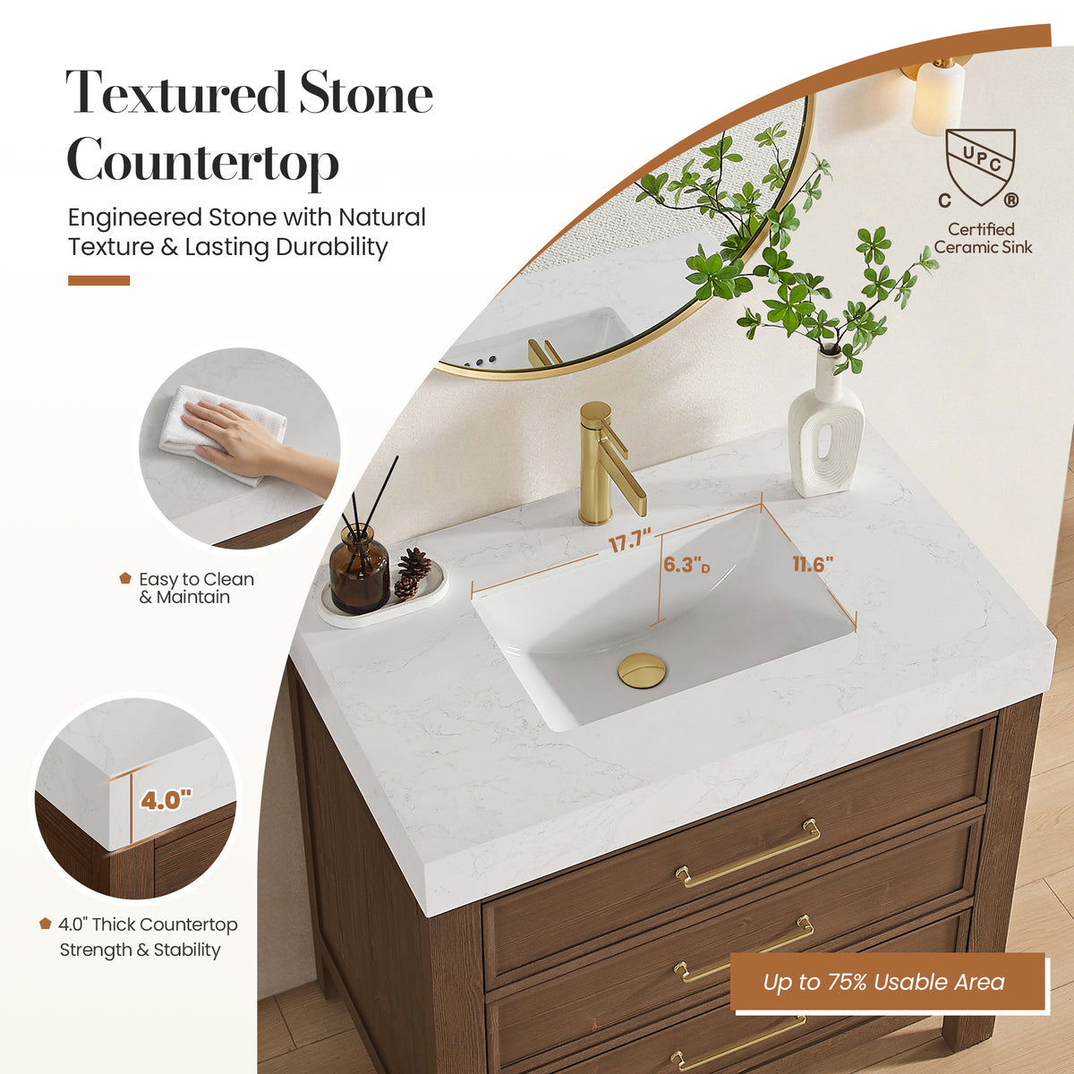 León 36" Free-standing Single Bathroom Vanity in Spruce Aged Brown with Mirror