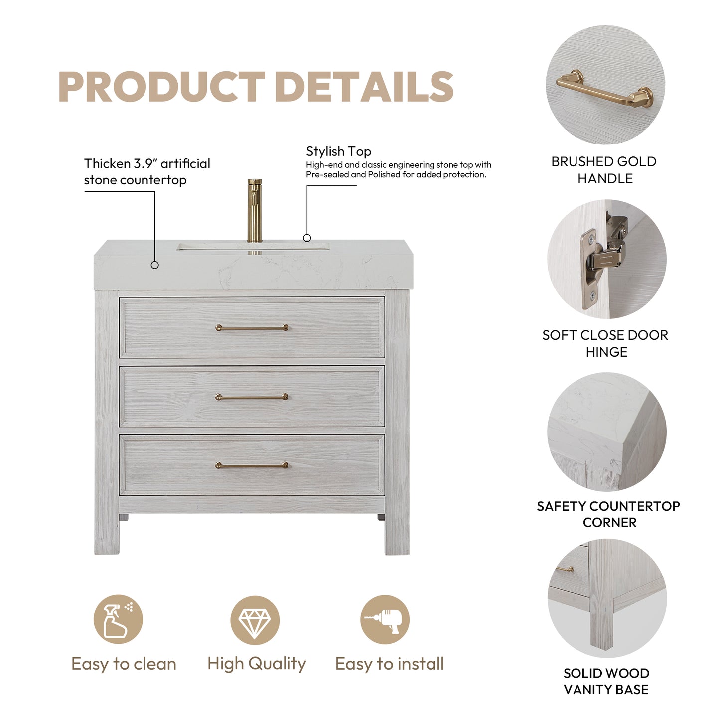 León 36" Free-standing Single Bathroom Vanity in Washed White