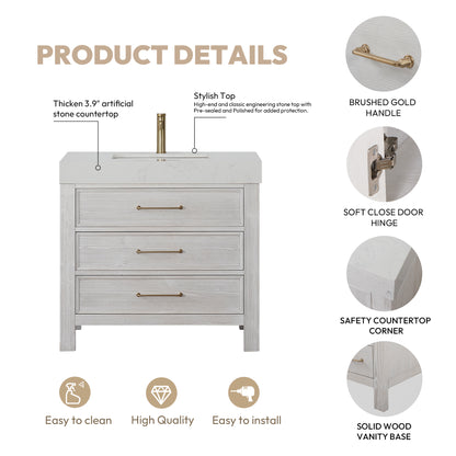 León 36" Free-standing Single Bathroom Vanity in Washed White