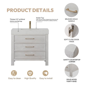 León 36in. Free-standing Single Bathroom Vanity in Washed White with Composite top in Lightning White