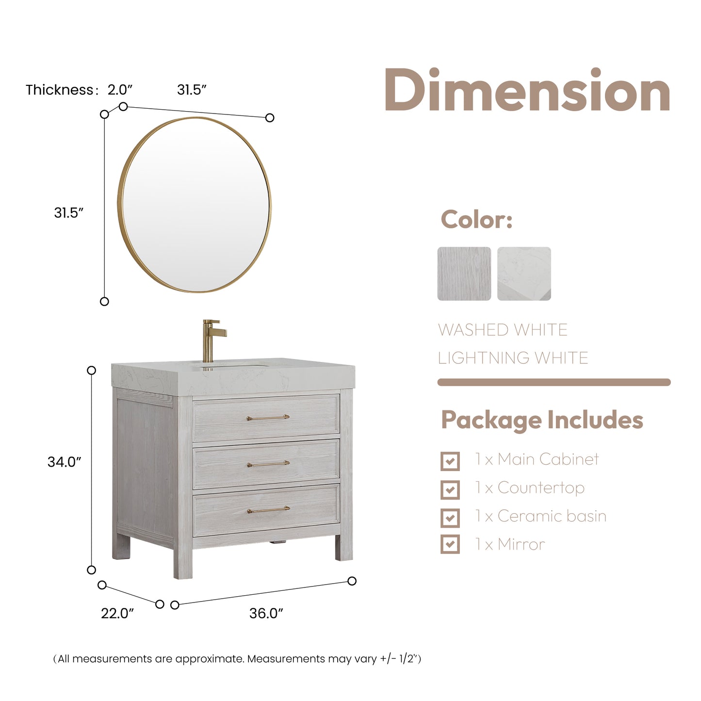 León 36" Free-standing Single Bathroom Vanity in Washed White