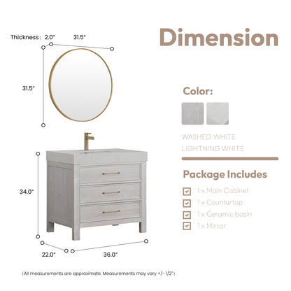 León 36" Free-standing Single Bathroom Vanity in Washed White