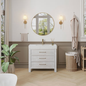 Open image in slideshow, León 36in. Free-standing Single Bathroom Vanity in Washed White with Composite top in Lightning White
