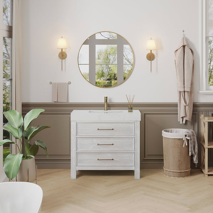 Issac Edwards 36in. Free-standing Single Bathroom Vanity in Washed White with Composite top in Lightning White and Mirror