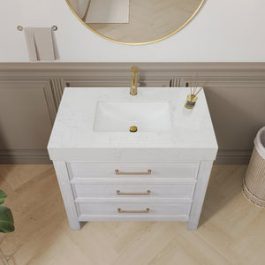 León 36in. Free-standing Single Bathroom Vanity in Washed White with Composite top in Lightning White
