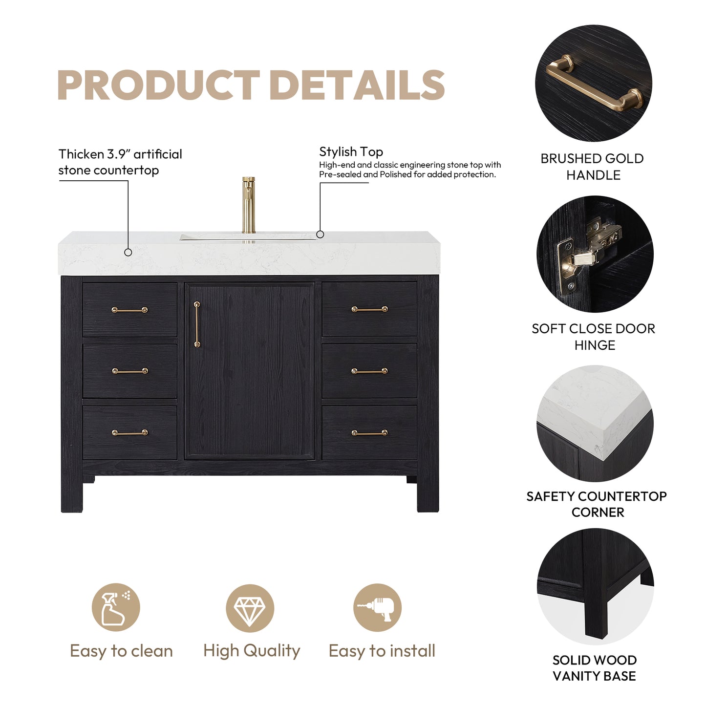 León 48" Free-standing Single Bathroom Vanity in Fir Wood Black