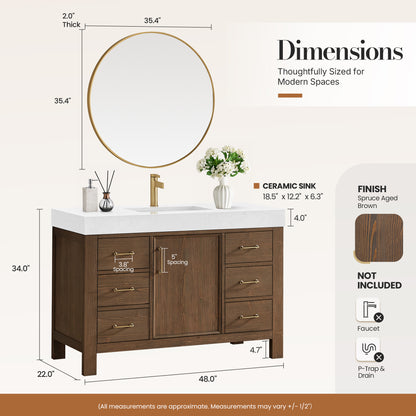 León 48" Free-standing Single Bathroom Vanity in Spruce Aged Brown with Mirror