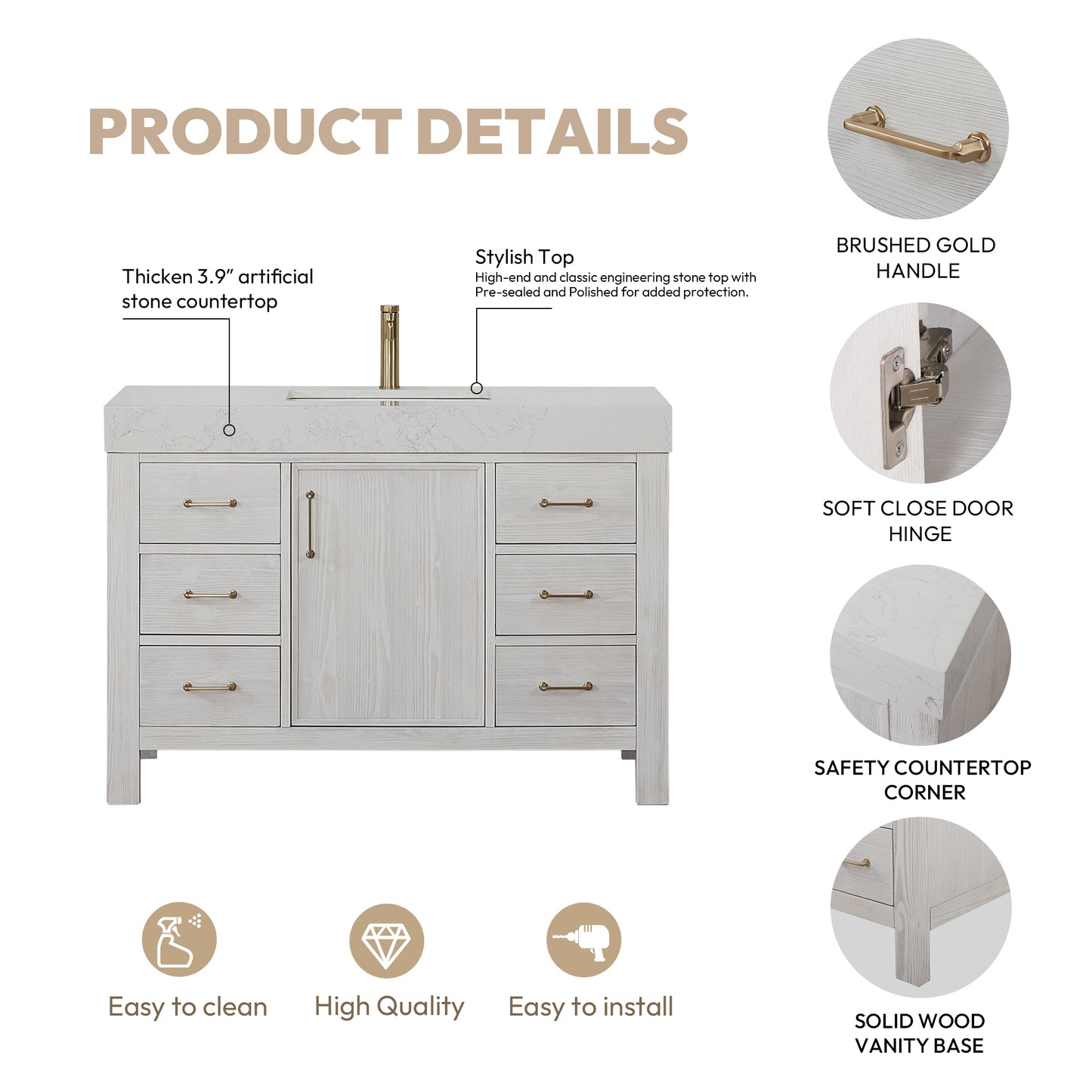 León 48" Free-standing Single Bathroom Vanity in Washed White