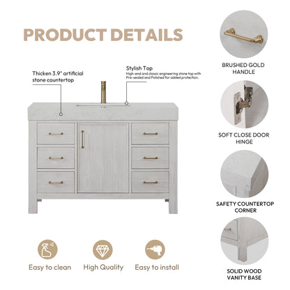 León 48" Free-standing Single Bathroom Vanity in Washed White