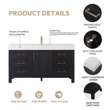 León 60" Free-standing Single Bathroom Vanity in Fir Wood Black