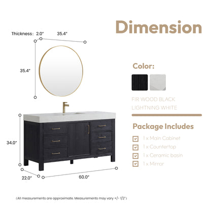 León 60" Free-standing Single Bathroom Vanity in Fir Wood Black