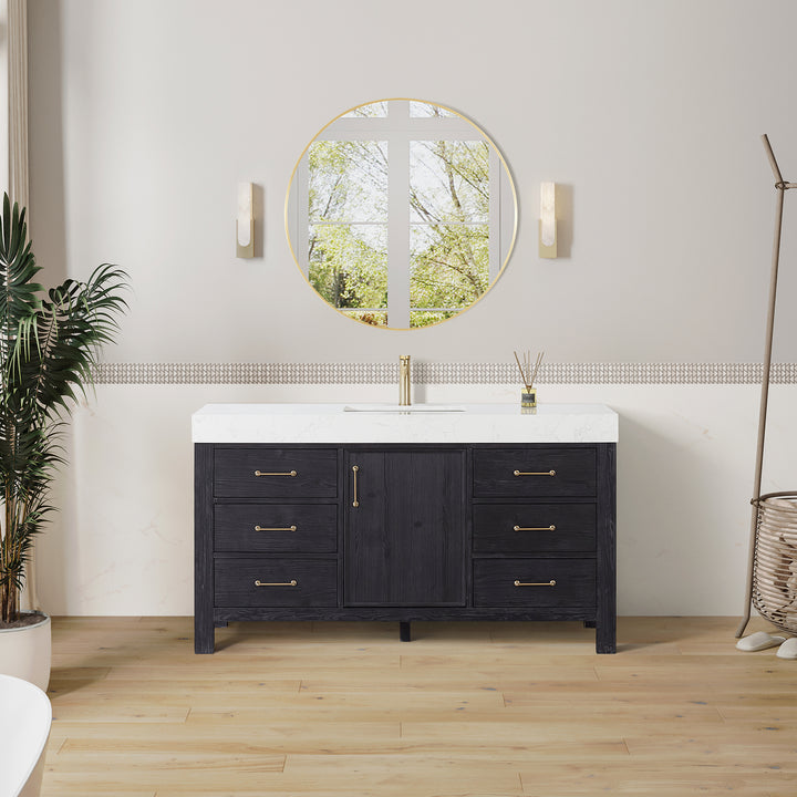 Issac Edwards 60in. Free-standing Single Bathroom Vanity in Fir Wood Black with Composite top in Lightning White and Mirror