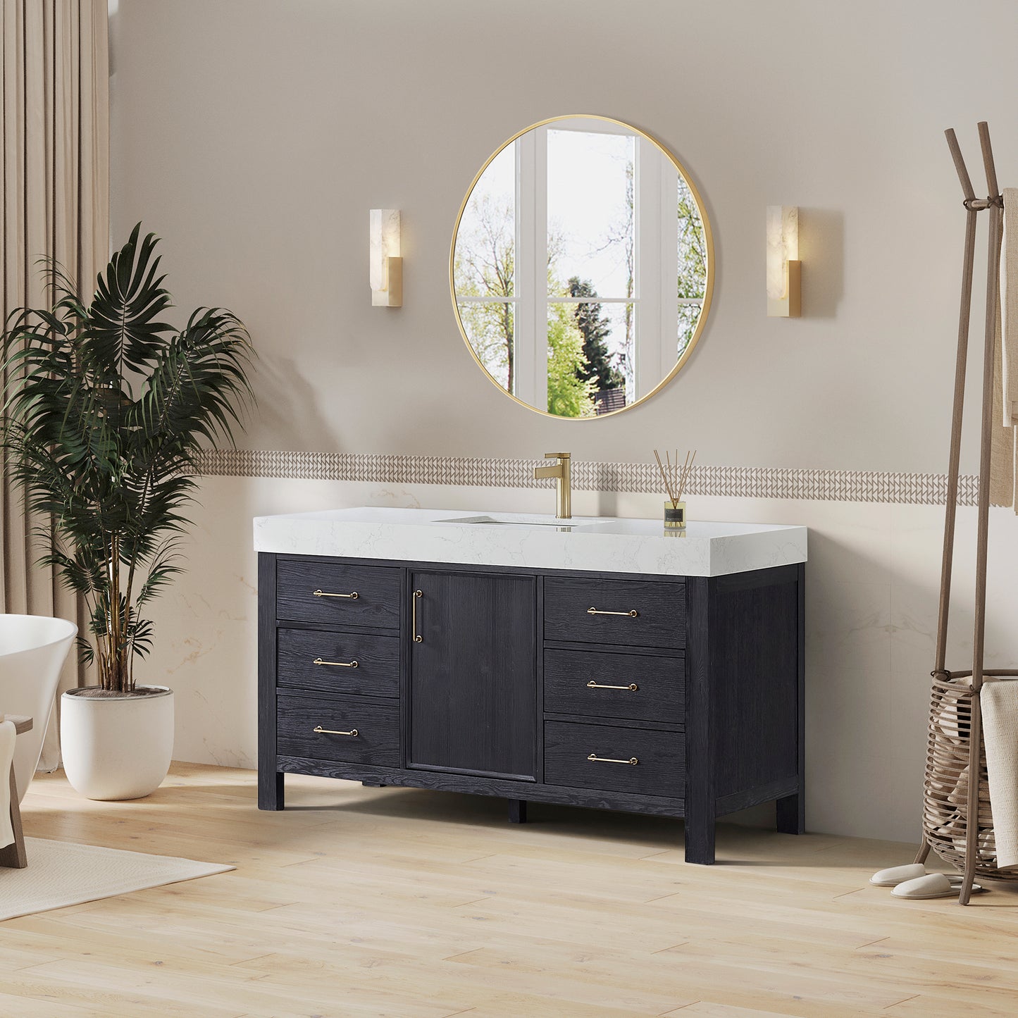León 60" Free-standing Single Bathroom Vanity in Fir Wood Black