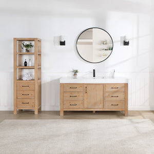Open image in slideshow, León 60in. Free-standing Single Bathroom Vanity in Fir Wood Brown with Composite top in Lightning White
