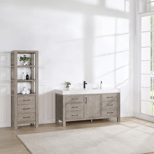 León 60in. Free-standing Single Bathroom Vanity in Fir Wood Grey with Composite top in Lightning White