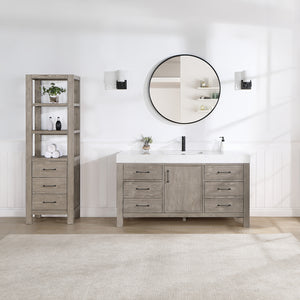 Open image in slideshow, León 60in. Free-standing Single Bathroom Vanity in Fir Wood Grey with Composite top in Lightning White
